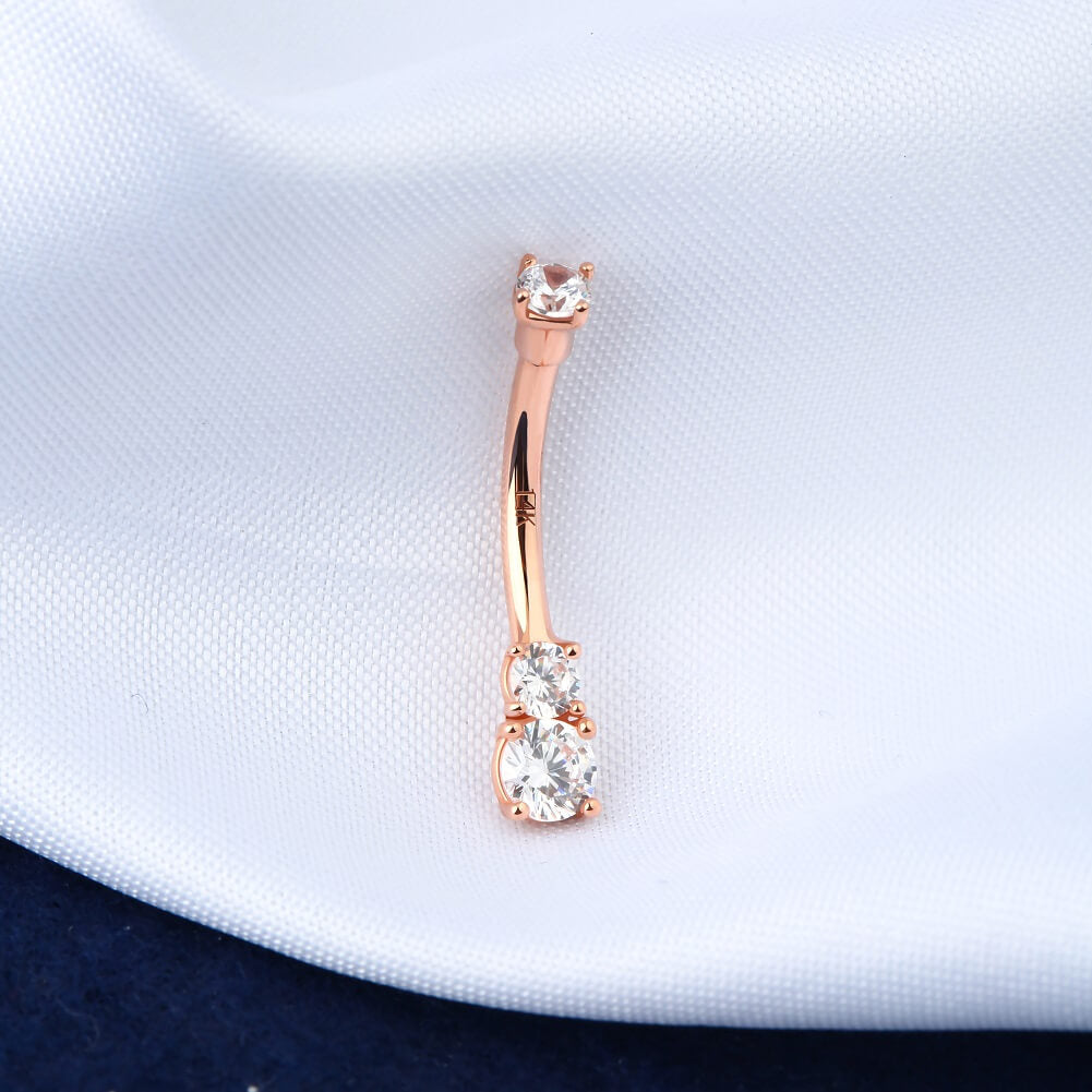 14K Rose Gold Three Round CZ Belly Ring