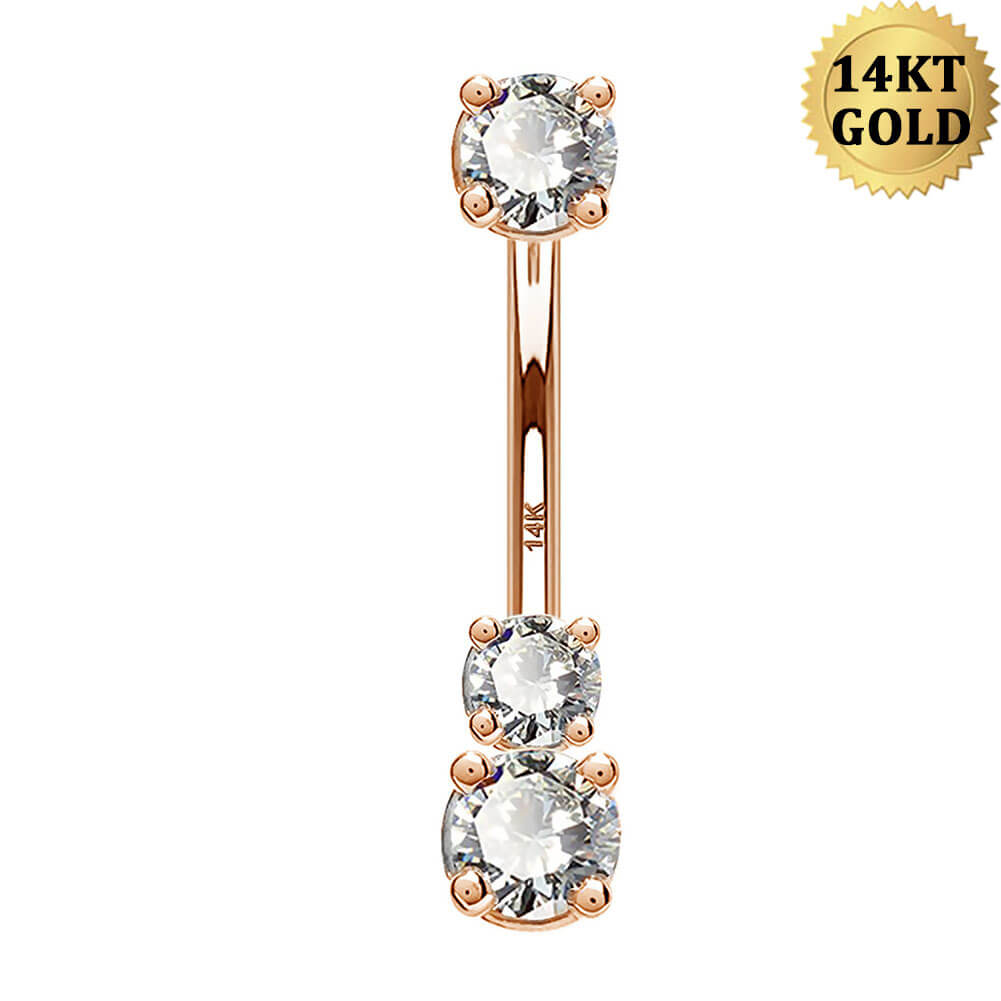 14K Rose Gold Three Round CZ Belly Ring