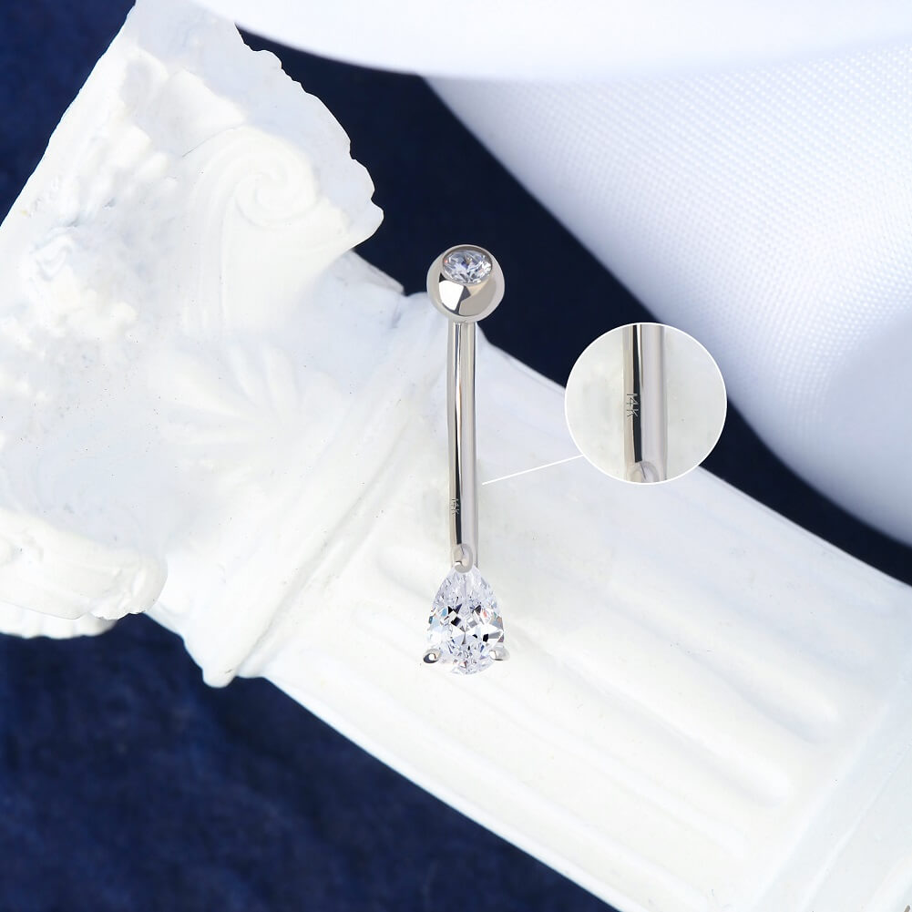 14K White Gold Teardrop CZ Belly Ring