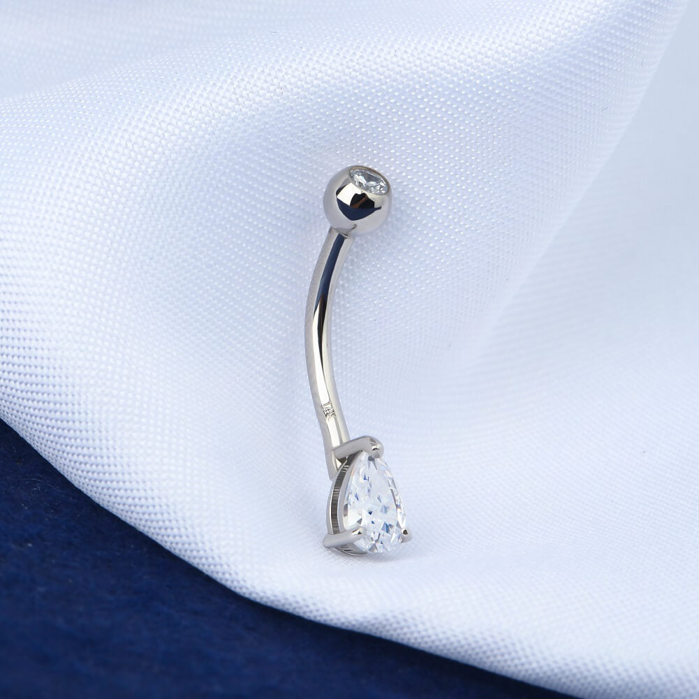 14K White Gold Teardrop CZ Belly Ring