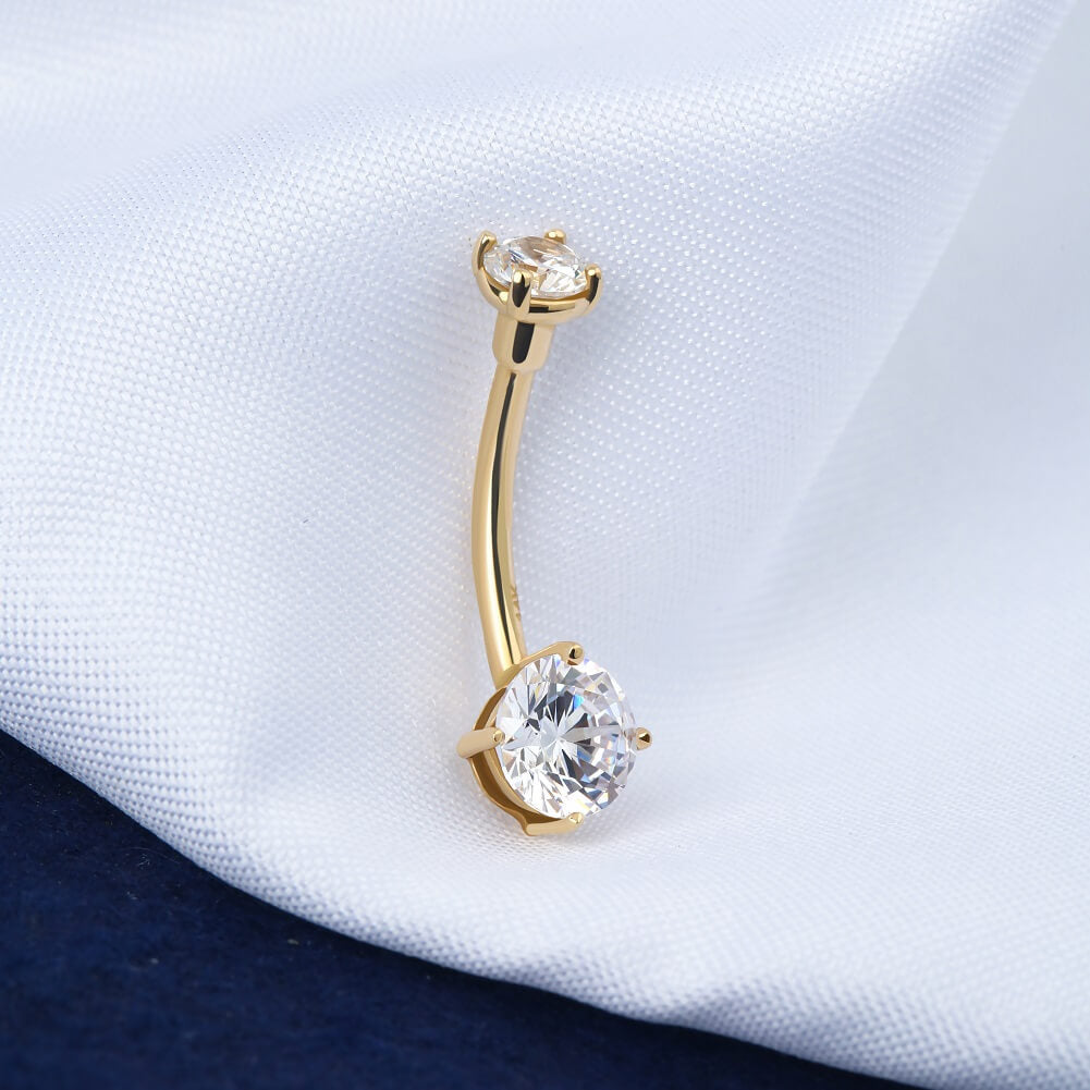 14K Gold Round CZ Belly Ring