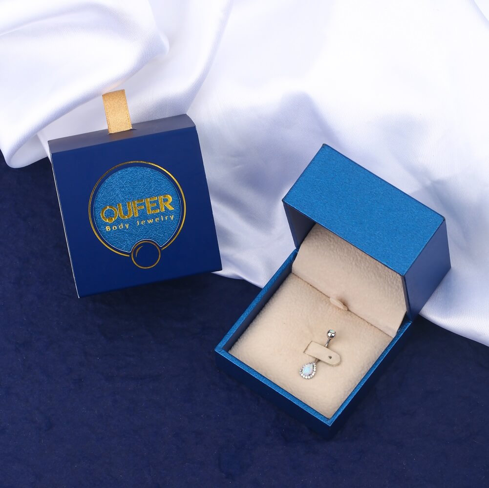 14K White Gold Opal Teardrop Belly Ring