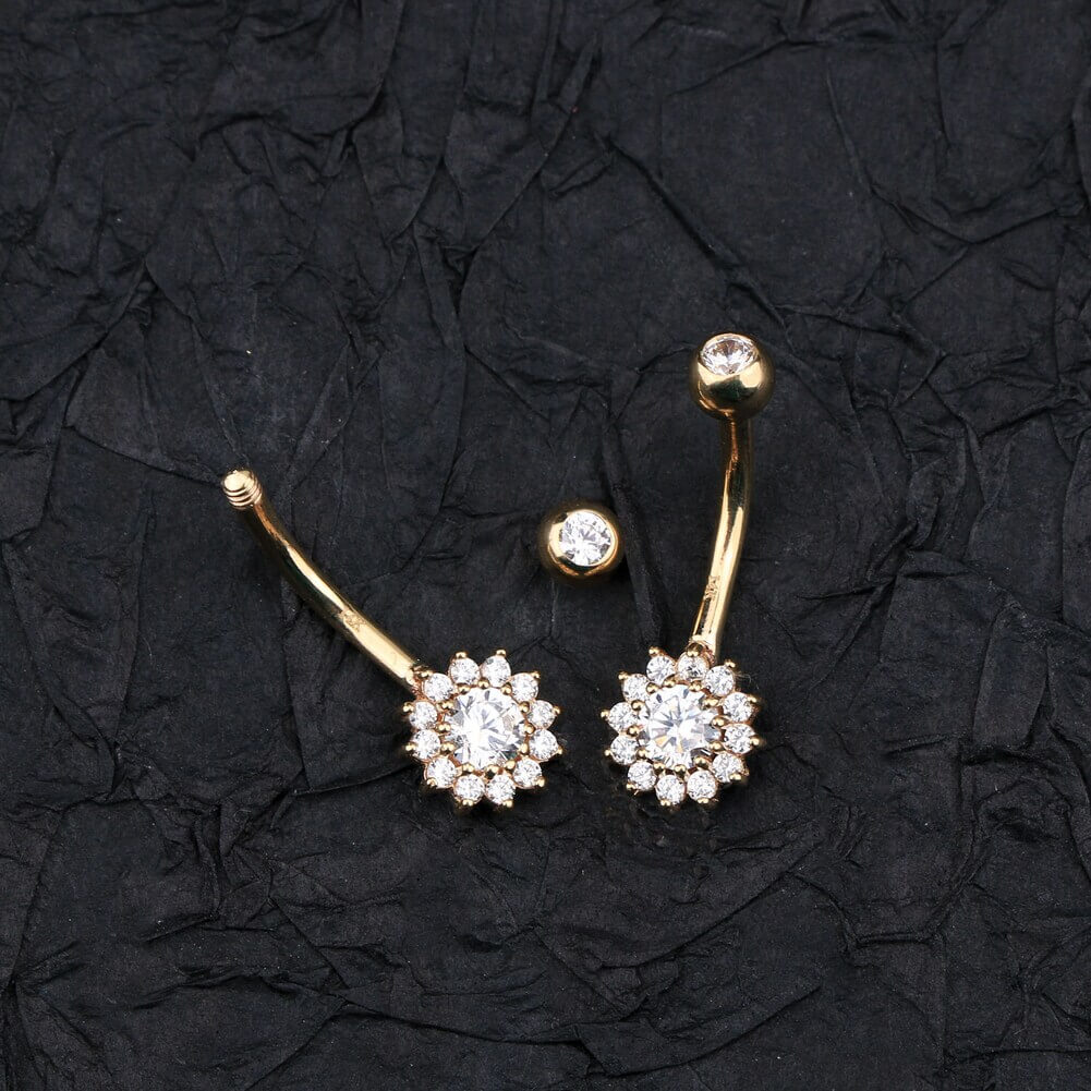 14K Gold CZ Sunflower Belly Ring