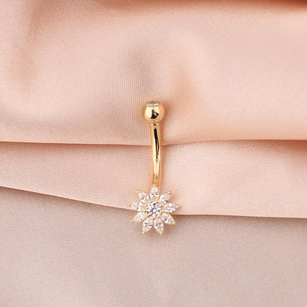 14K Gold CZ Flower Belly Ring