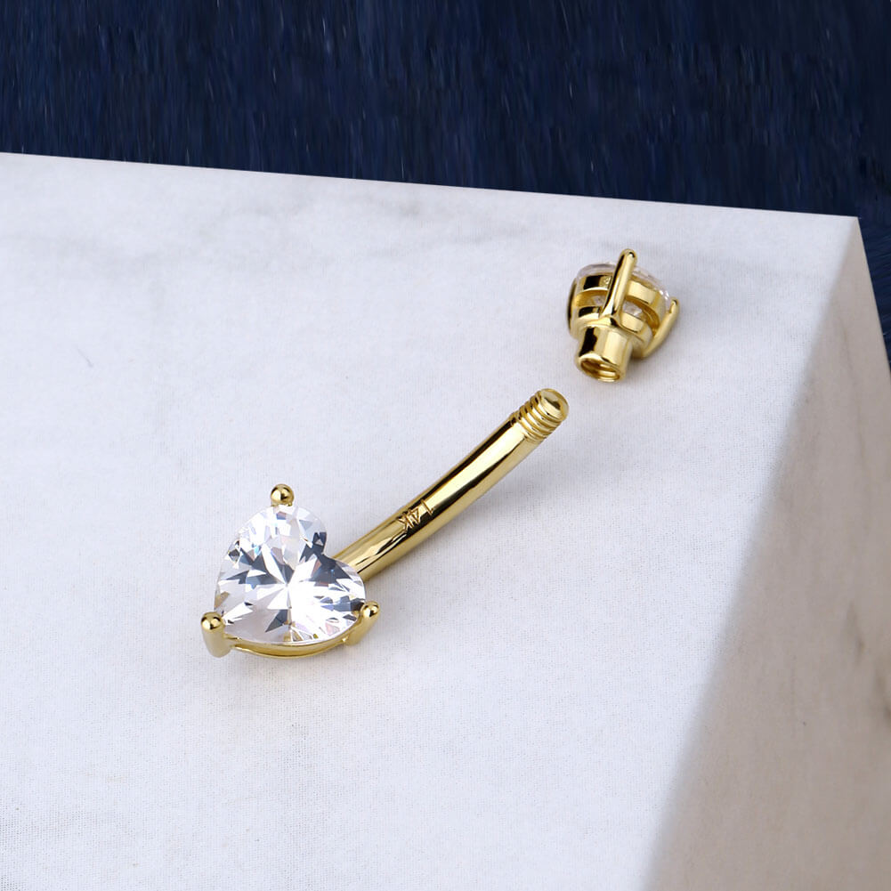 14K Gold Heart CZ Belly Ring