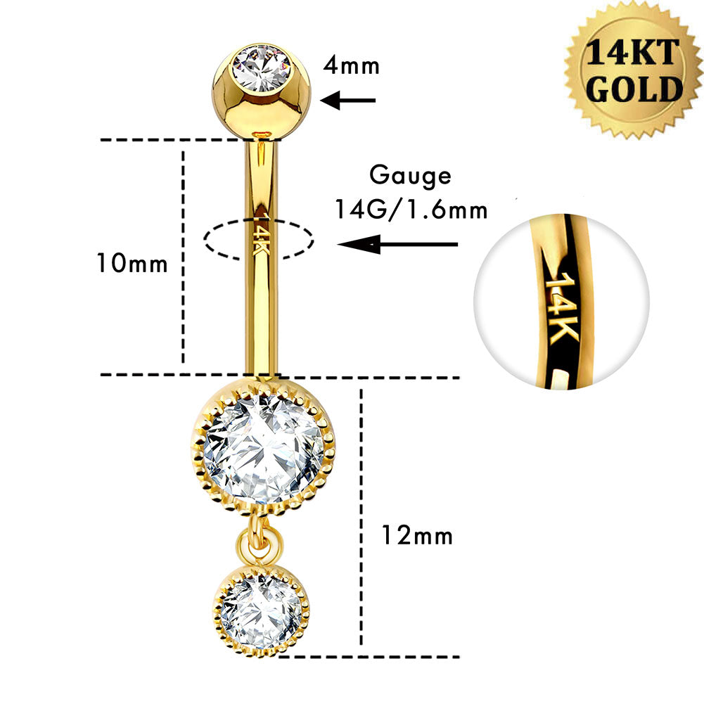 14K Gold Round CZ Dangle Belly Ring