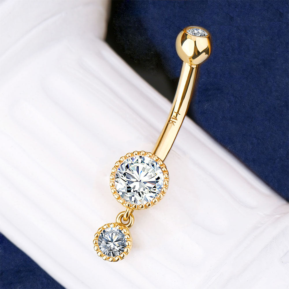 14K Gold Round CZ Dangle Belly Ring