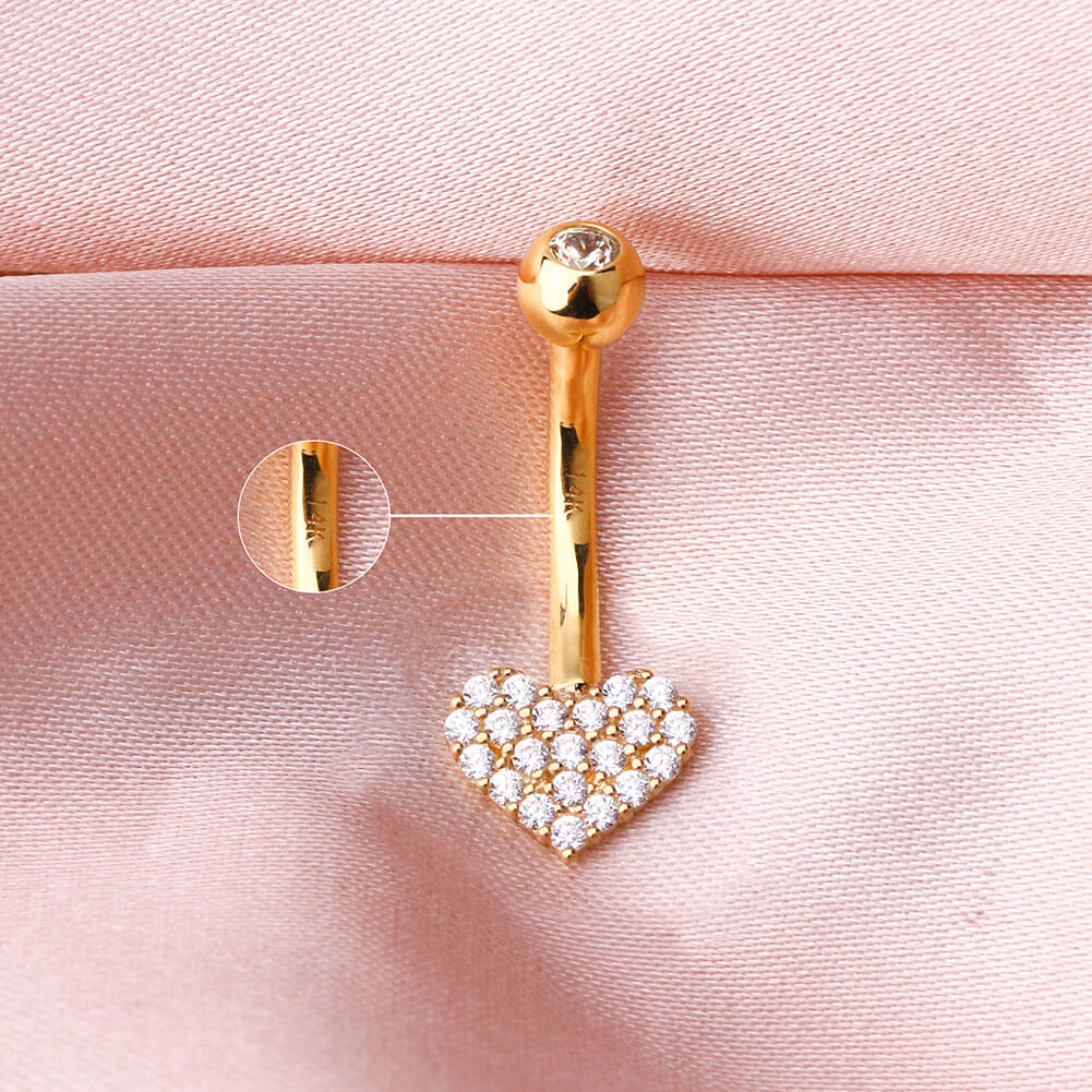 14K Gold Clear Heart CZ Belly Ring