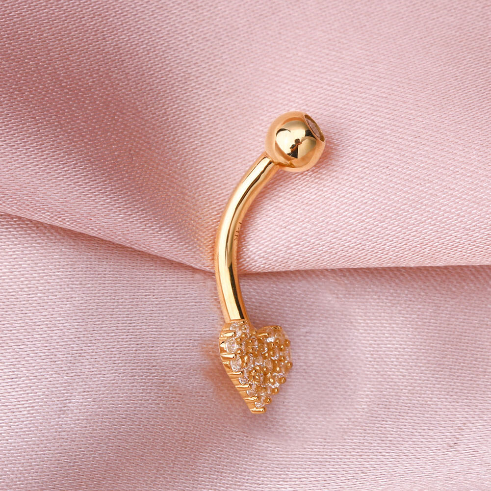 14K Gold Clear Heart CZ Belly Ring