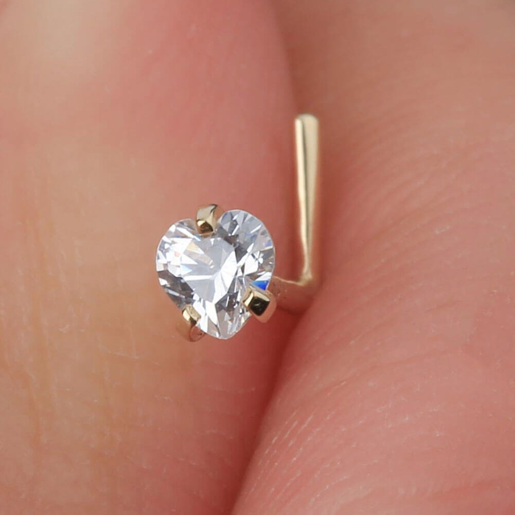 14K Gold Heart CZ L-Shape Nose Stud