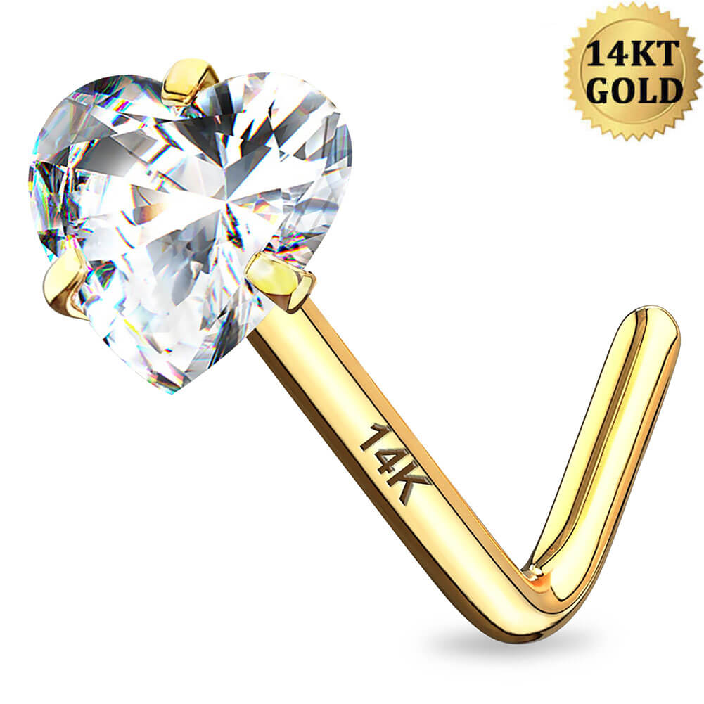 14K Gold Heart CZ L-Shape Nose Stud