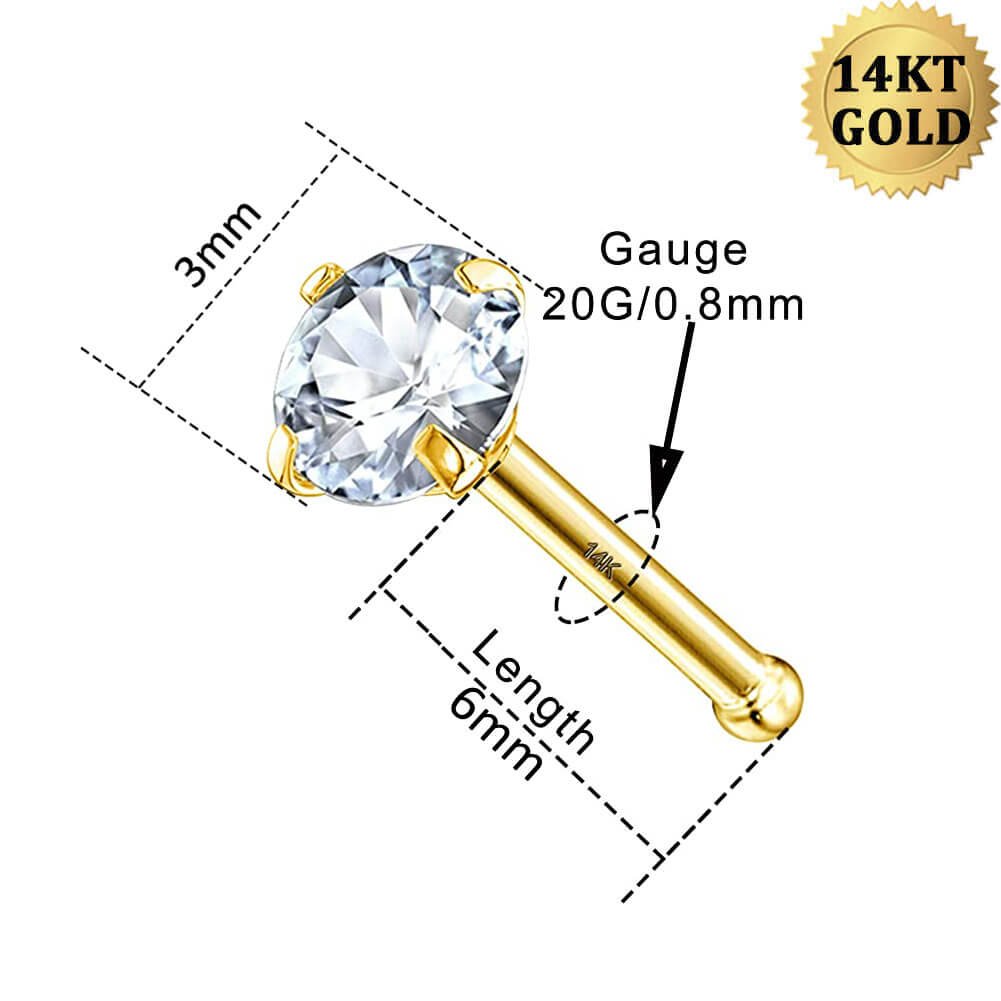 14K Gold Round CZ Nose Bone Jewelry