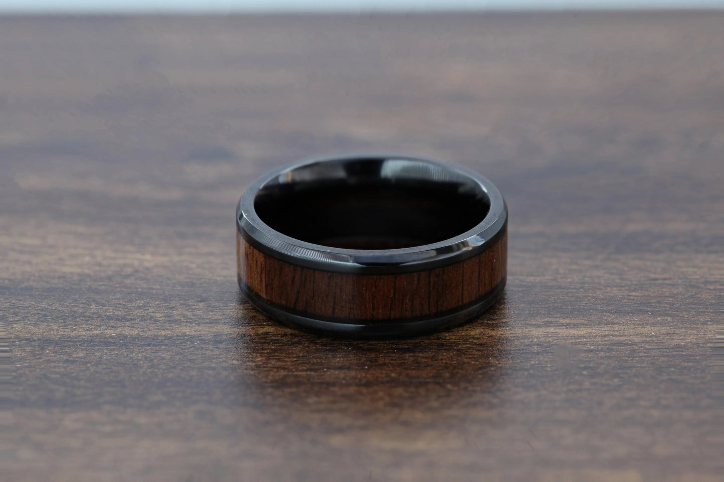 KONY Black Titanium Polished Beveled Edges Black Walnut Wood Inlaid Men’s Wedding Ring - 6mm & 8mm