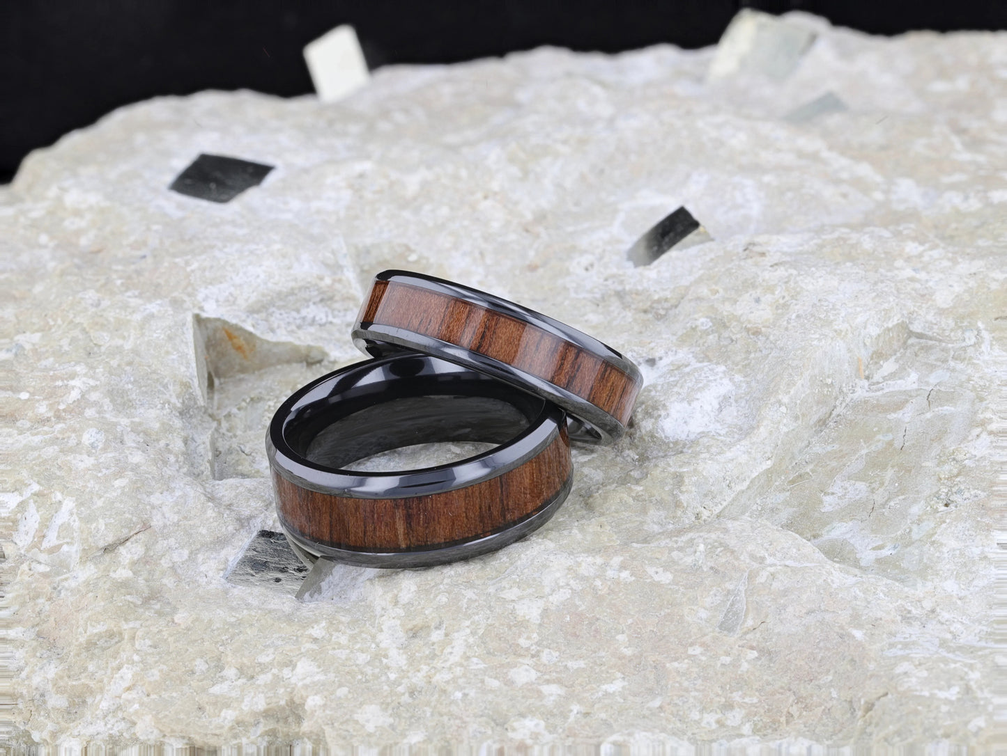 KONY Black Titanium Polished Beveled Edges Black Walnut Wood Inlaid Men’s Wedding Ring - 6mm & 8mm