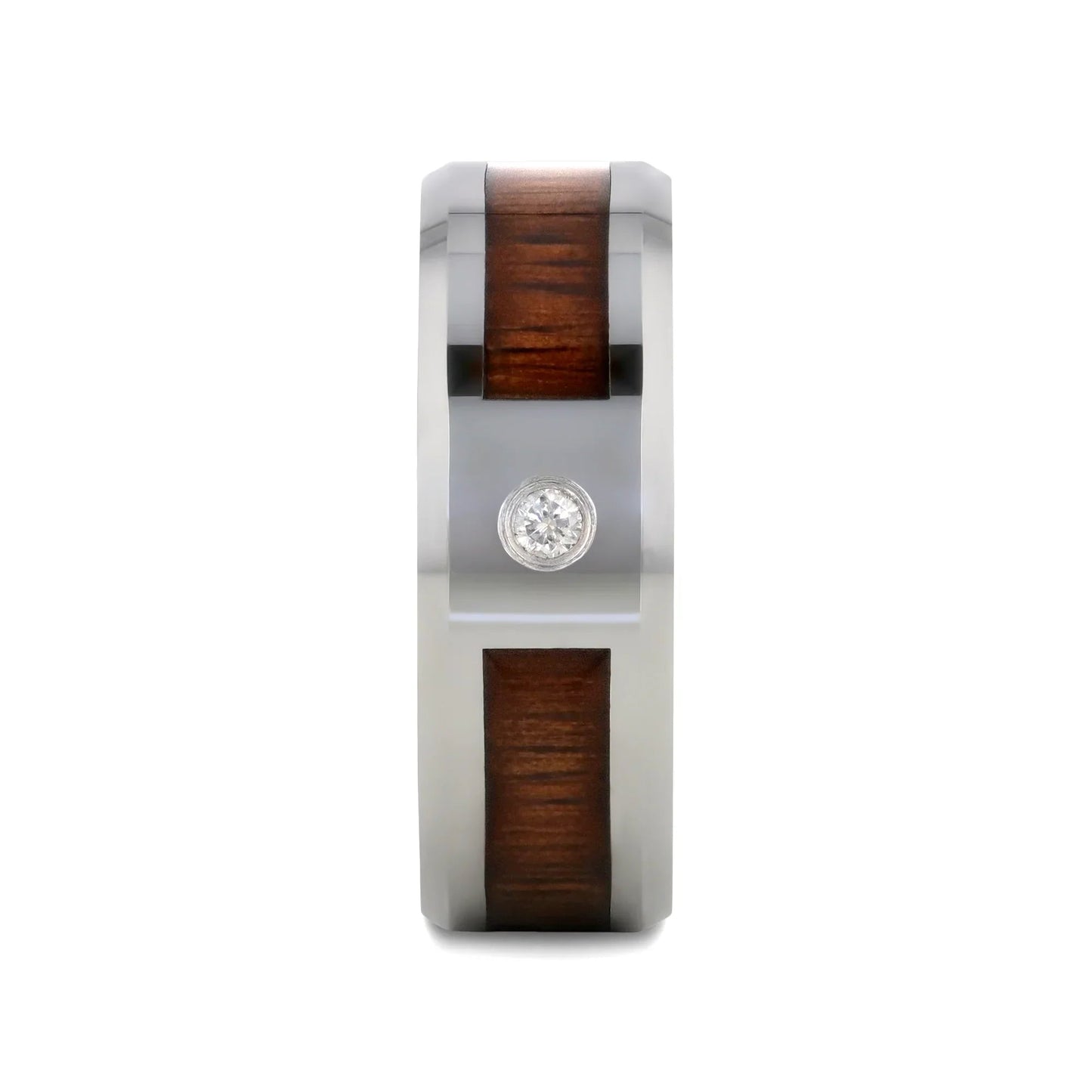 KAHUNA Tungsten Carbide Beveled Edged Diamond Wedding Band with Koa Wood Inlay & Polished Edges - 8mm