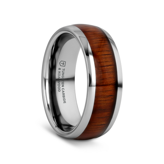 KAMEHA Tungsten Domed Profile Polished Finish Men’s Wedding Ring with Koa Wood Inlay - 8mm