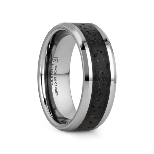 KILAUEA Men’s Polished Tungsten Wedding Band with Black & Gray Lava Rock Stone Inlay & Polished Beveled Edges - 8mm