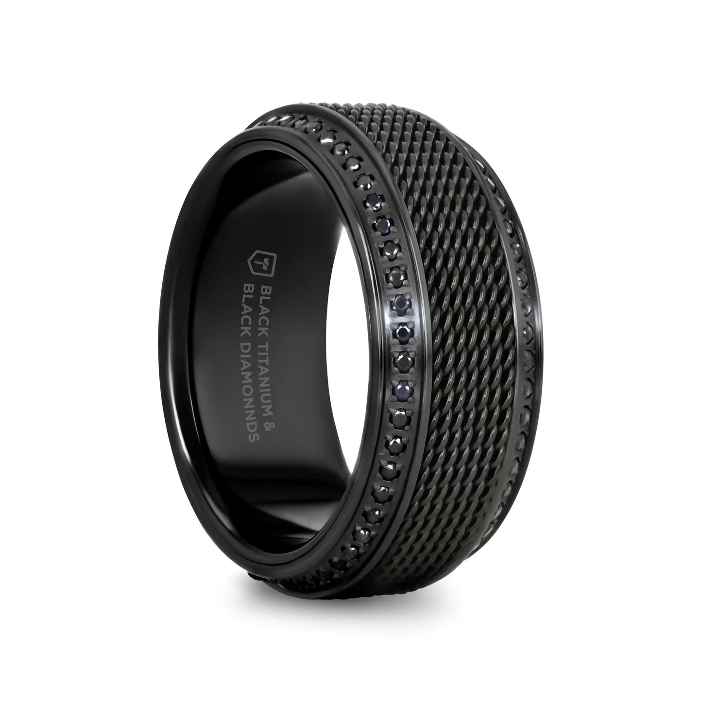 KNIGHT Steel Chain Black Titanium Wedding Ring Polished Beveled Edges Set with Round Black Diamonds - 10mm