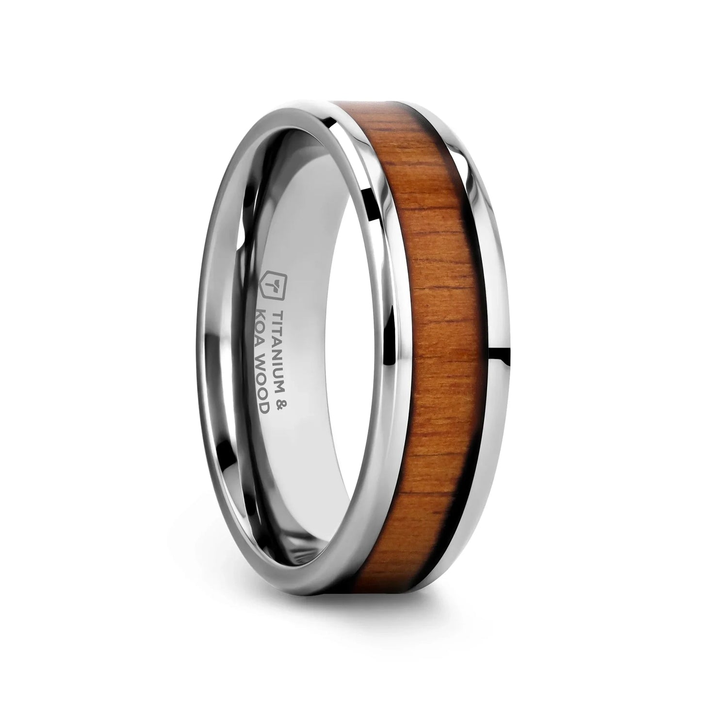 KOAN Titanium Polished Finish Koa Wood Inlaid Men’s Wedding Ring with Beveled Edges - 6mm & 8mm