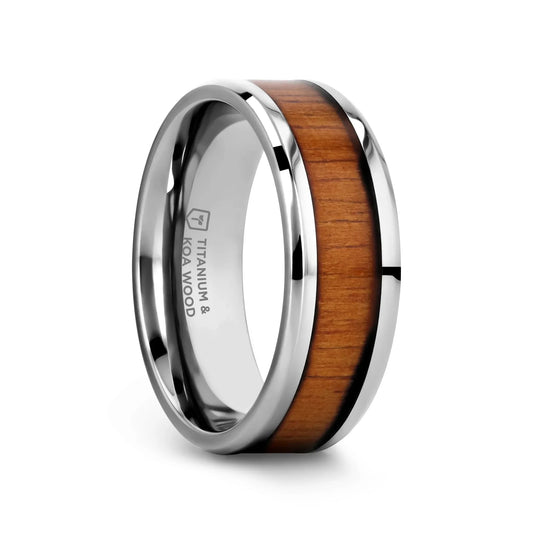 KOAN Titanium Polished Finish Koa Wood Inlaid Men’s Wedding Ring with Beveled Edges - 6mm & 8mm