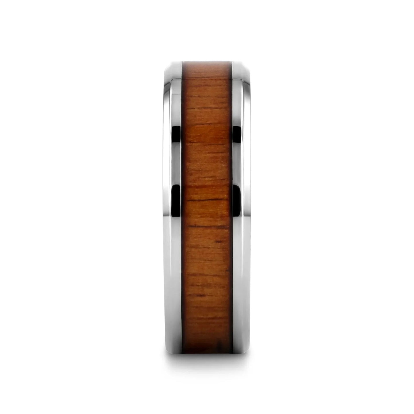 KOAN Titanium Polished Finish Koa Wood Inlaid Men’s Wedding Ring with Beveled Edges - 6mm & 8mm