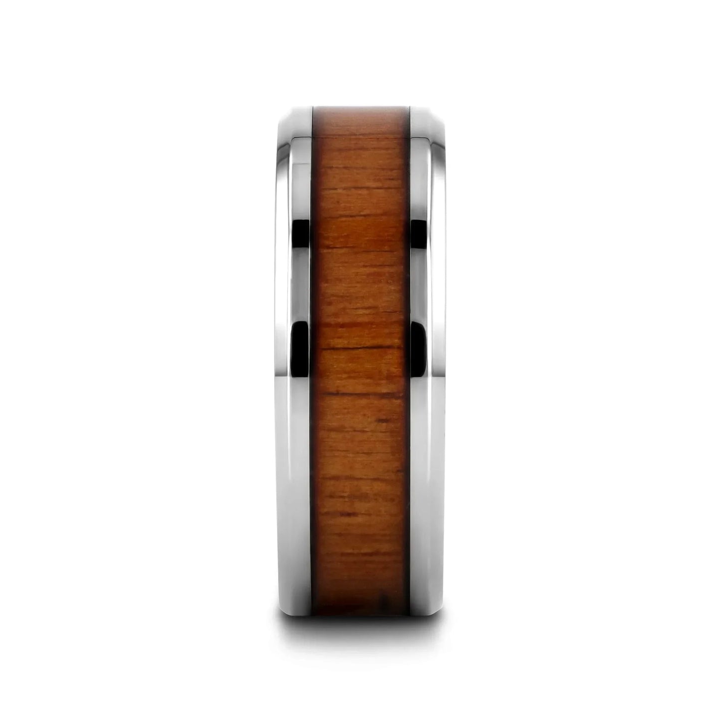 KOAN Titanium Polished Finish Koa Wood Inlaid Men’s Wedding Ring with Beveled Edges - 6mm & 8mm