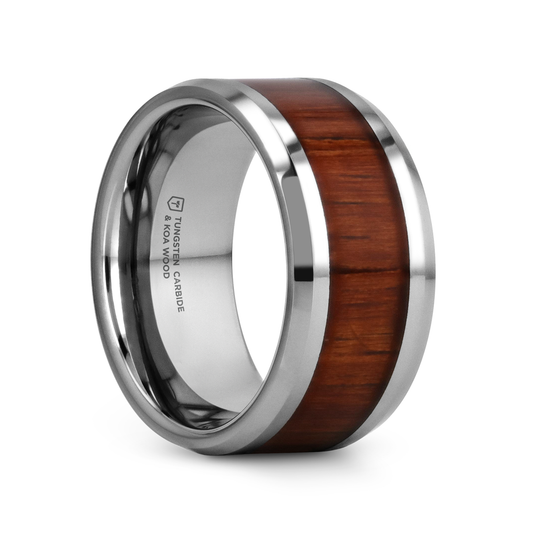 KONA Koa Wood Inlaid Tungsten Carbide Ring with Bevels - 10mm