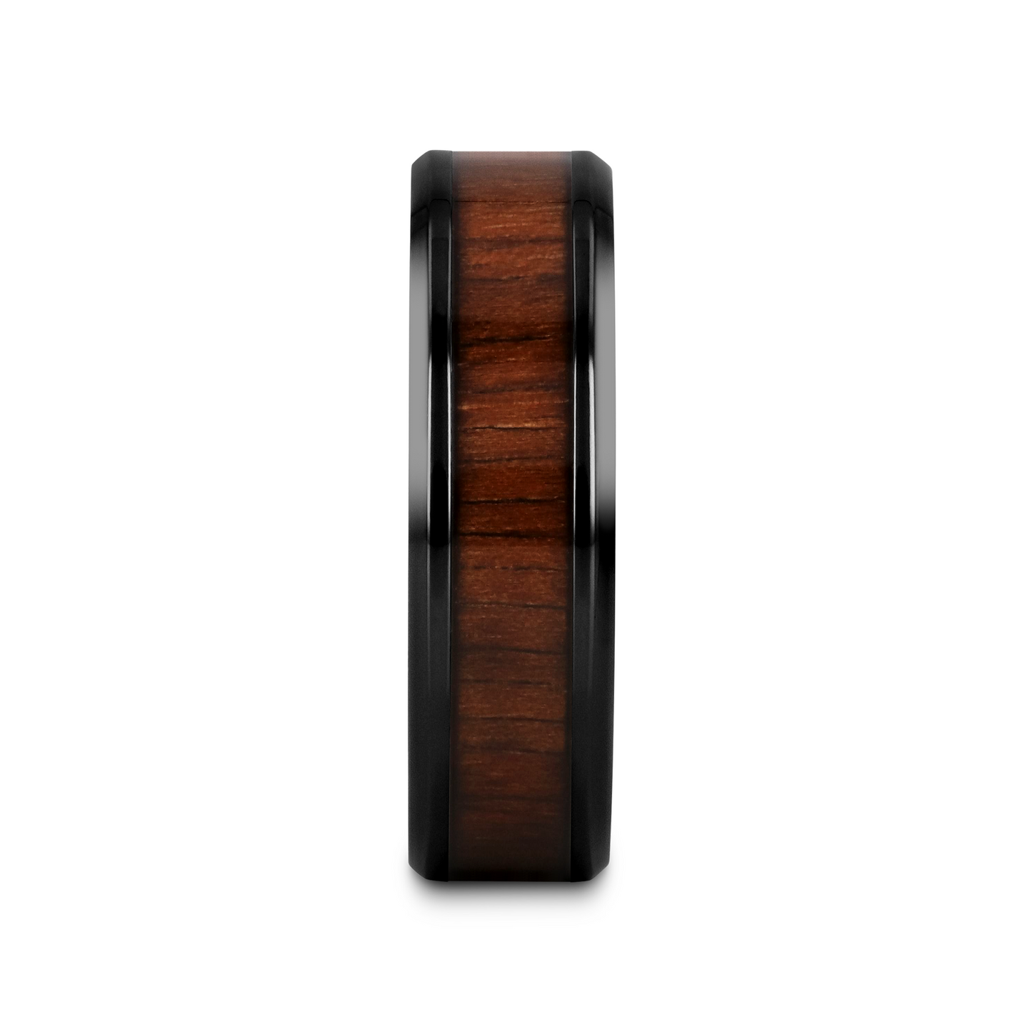KONY Black Titanium Polished Beveled Edges Black Walnut Wood Inlaid Men’s Wedding Ring - 6mm & 8mm