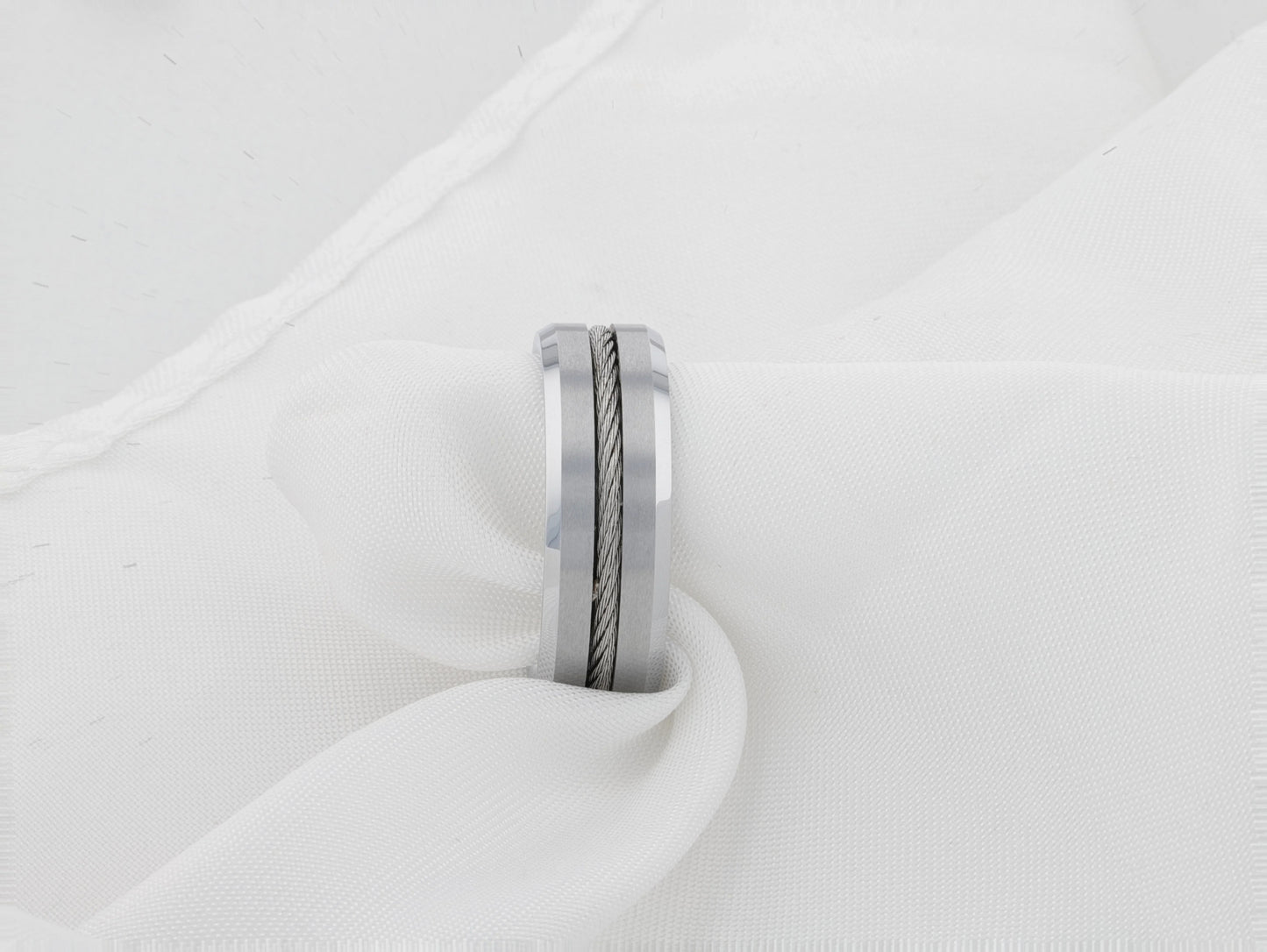 LANNISTER Men’s Tungsten Flat Wedding Band with Steel Wire Cable Inlay & Beveled Edges - 8mm