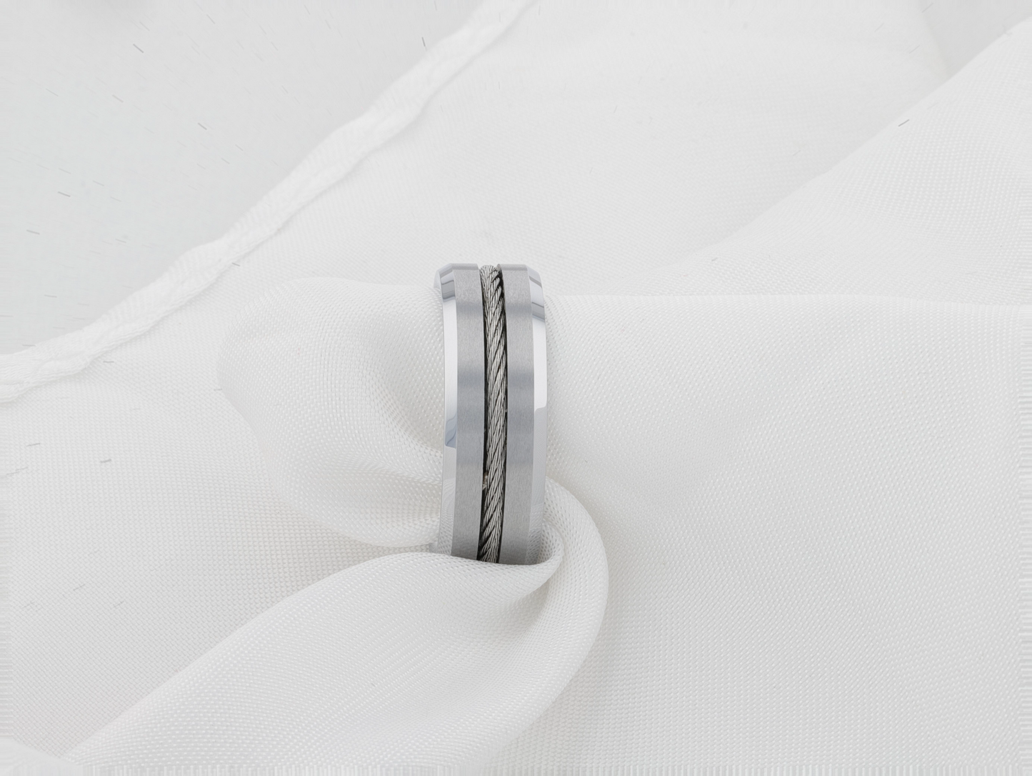 LANNISTER Men’s Tungsten Flat Wedding Band with Steel Wire Cable Inlay & Beveled Edges - 8mm