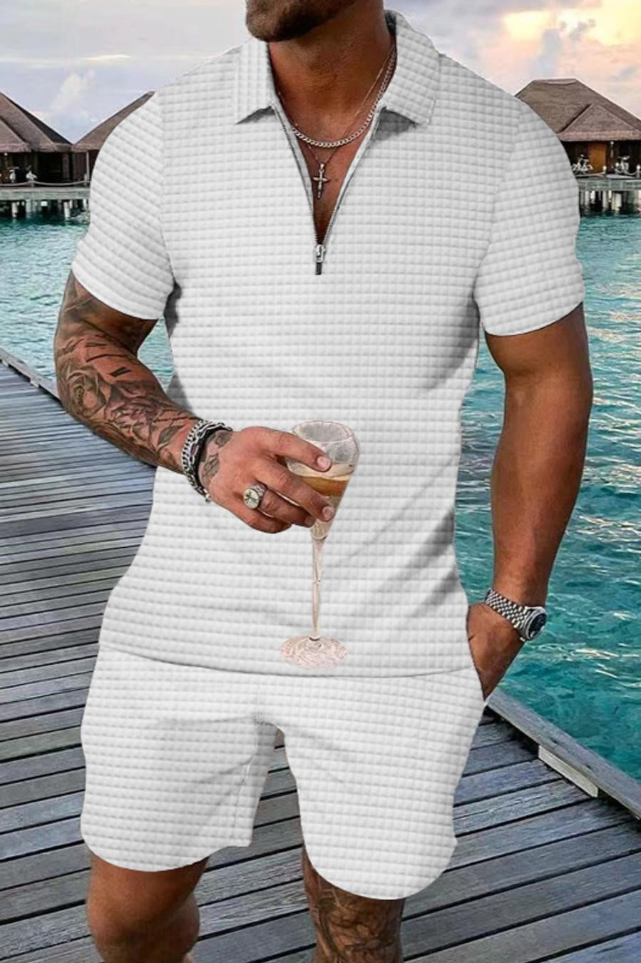 Casual men slight stretch waffle top & shorts set