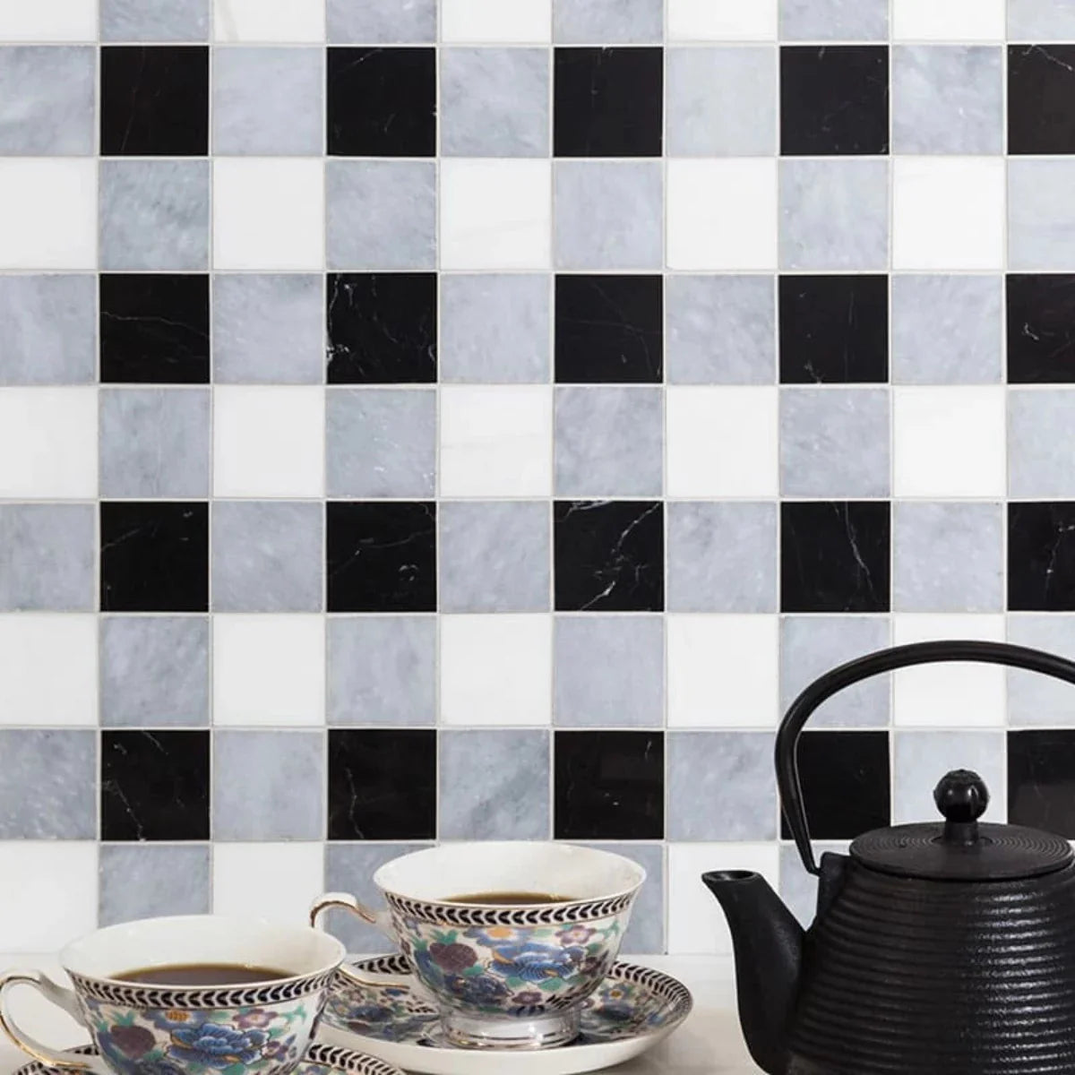 Allure Light Snow White Black Honed 12"x12" Marble 2"x2" Mosaic Tile