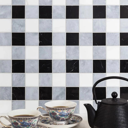 Allure Light Snow White Black Honed 12"x12" Marble 2"x2" Mosaic Tile