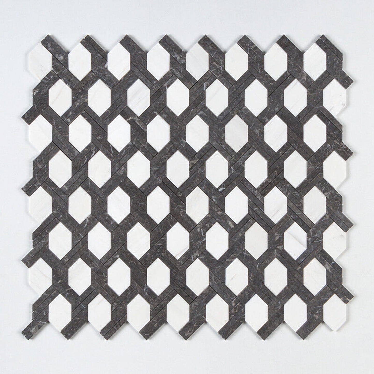 Black Night, Snow White Honed 9 11/16"x16 7/16" Braided Hexagon Marble Mosaic