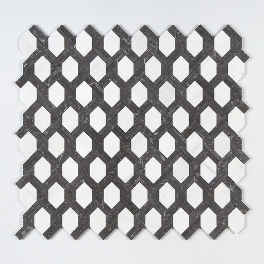 Black Night, Snow White Honed 9 11/16"x16 7/16" Braided Hexagon Marble Mosaic