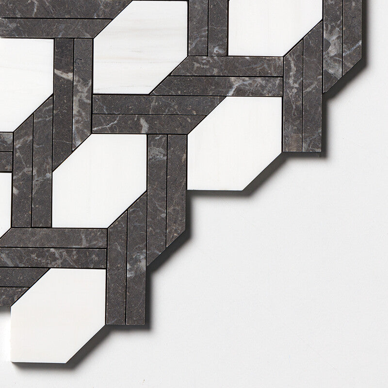Black Night, Snow White Honed 9 11/16"x16 7/16" Braided Hexagon Marble Mosaic