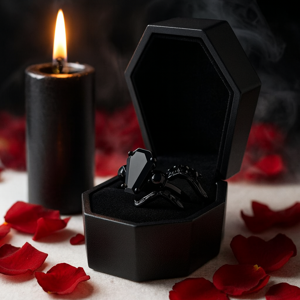 My Ever After Ring - Coffin Cut Diamond with Skulls, Bat and Roses Promise Ring