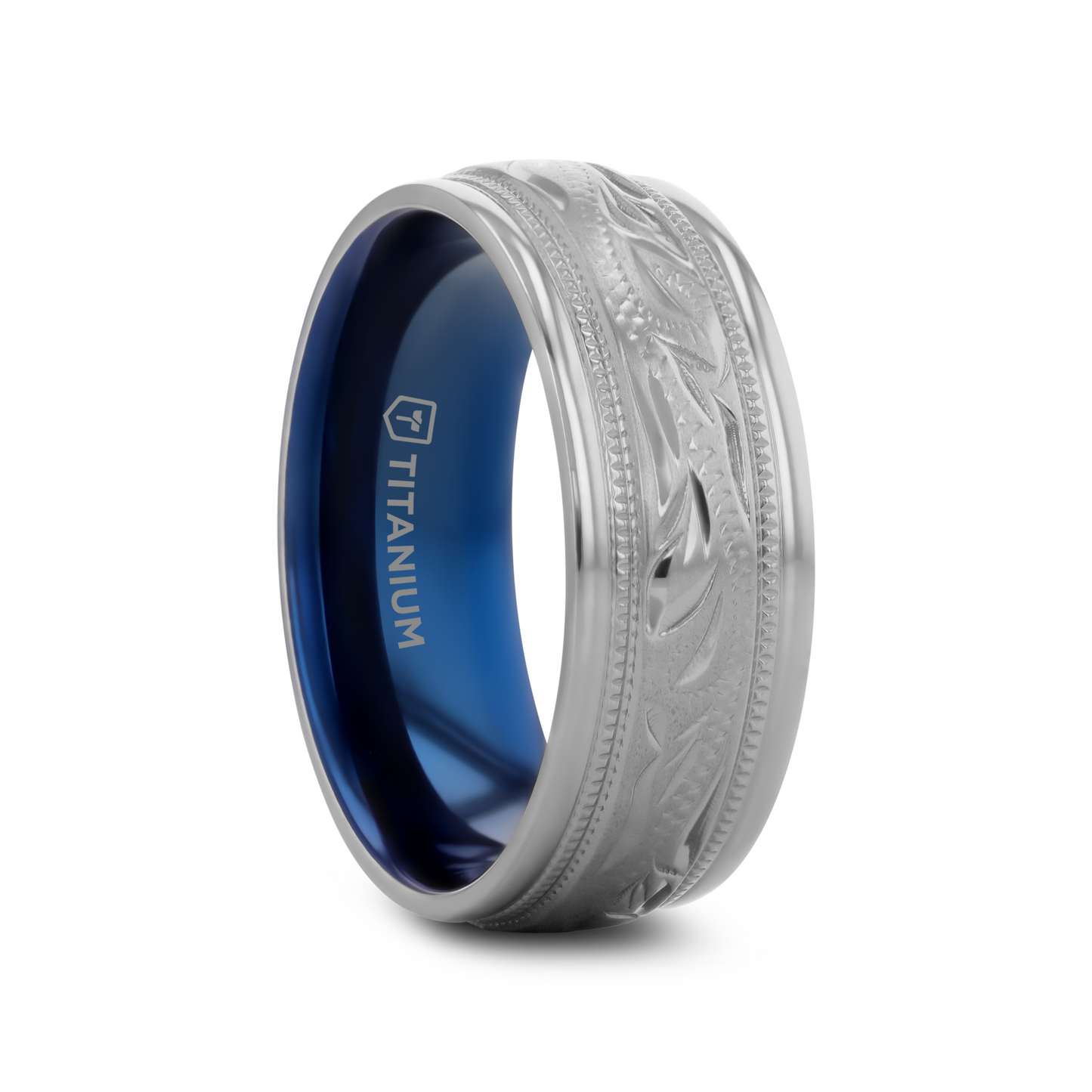 MARINER Titanium Milgrain Engraved Finish Men 's Wedding Ring with Blue Plating Inside- 8mm