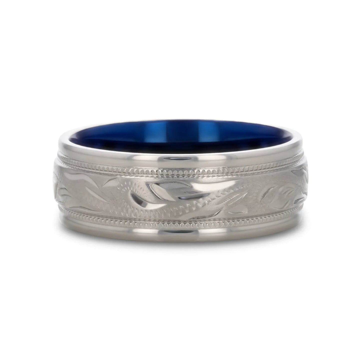 MARINER Titanium Milgrain Engraved Finish Men 's Wedding Ring with Blue Plating Inside- 8mm