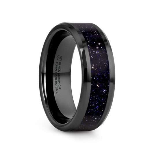 MELO Black Ceramic Beveled Polished Men’s Wedding Band with Purple Goldstone Inlay - 8mm