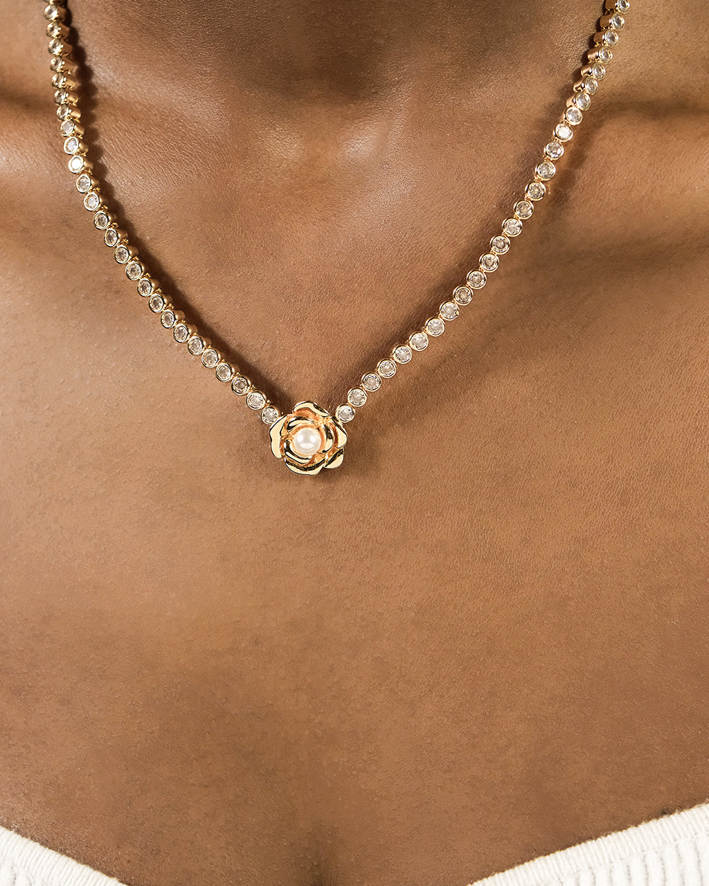 Rosa Pearl Flower CZ Tennis Necklace