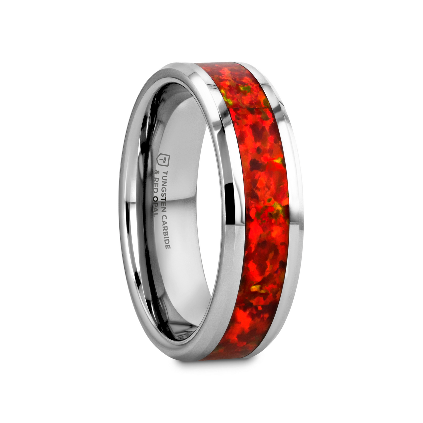 NEBULA Tungsten Wedding Band with Beveled Edges and Red Opal Inlay - 4mm - 8mm