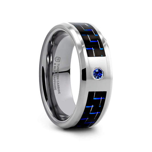 NEPTUNE Tungsten Carbide Ring with Black and Blue Carbon Fiber and Blue Sapphire Setting with Bevels - 8mm
