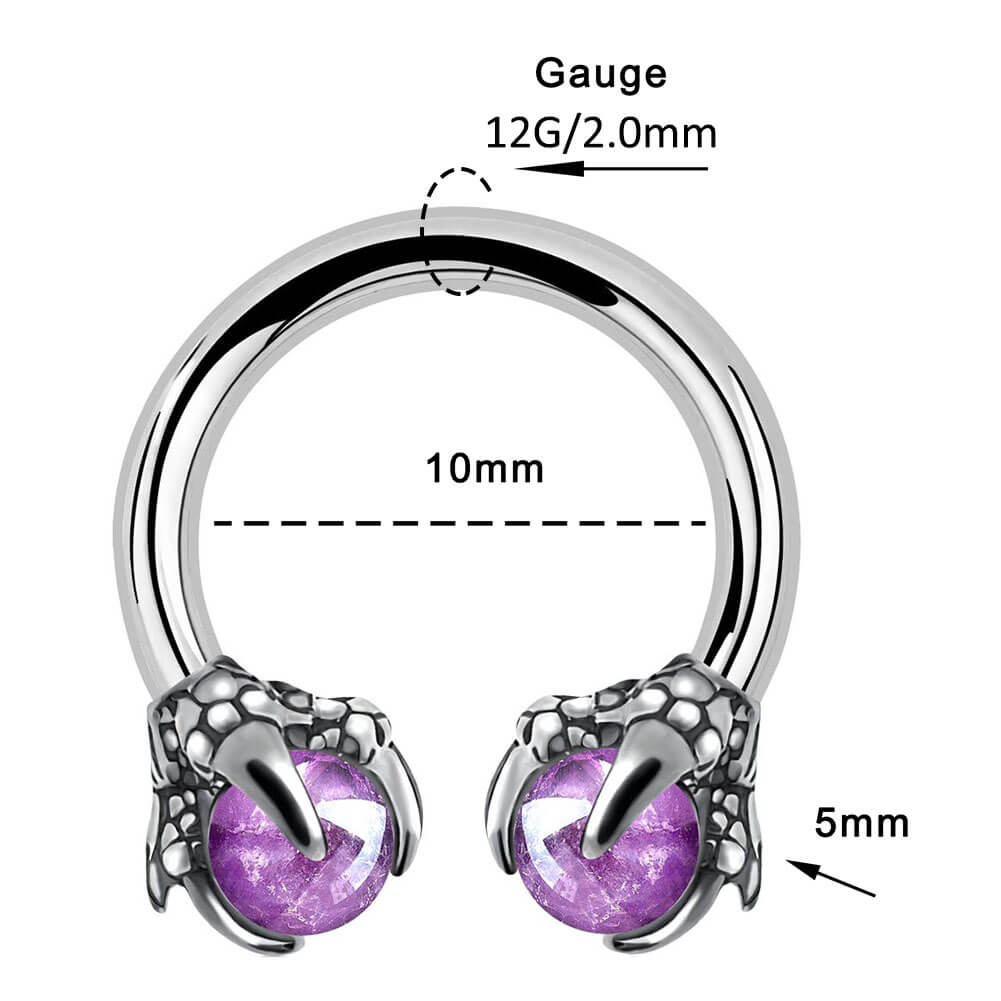 12G Amethyst Dragon Claw Horseshoe Septum Ring