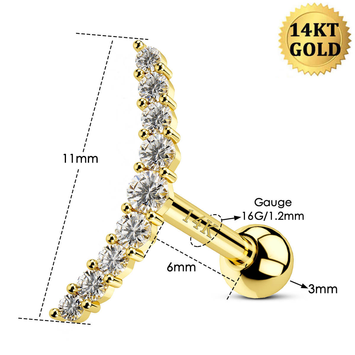 14K Gold Curved CZ Cartilage Stud