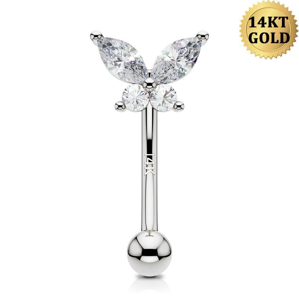 14K White Gold CZ Butterfly Eyebrow Ring