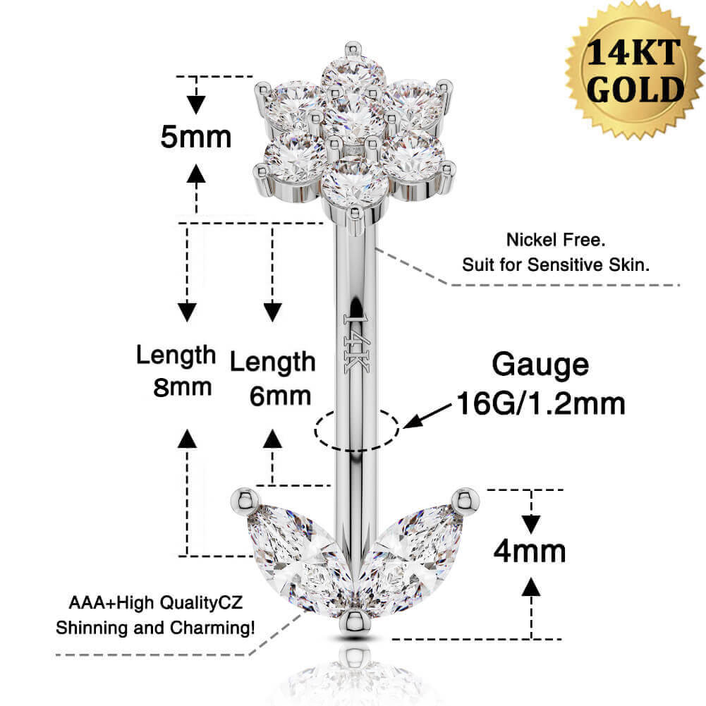 14K White Gold CZ Flower Leave Rook Stud