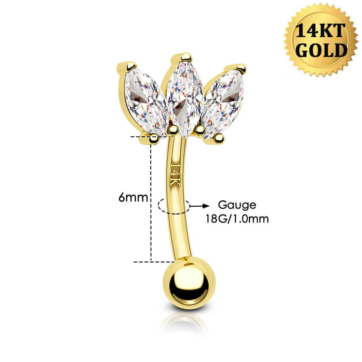 14K Gold Clear CZ Marquise Eyebrow Rook Ring