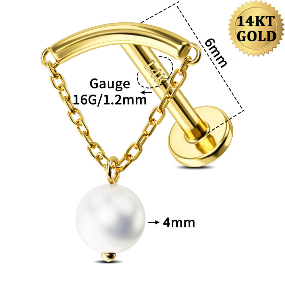 14K Gold Pearl Dangle Chain Internally Threaded Helix Earring