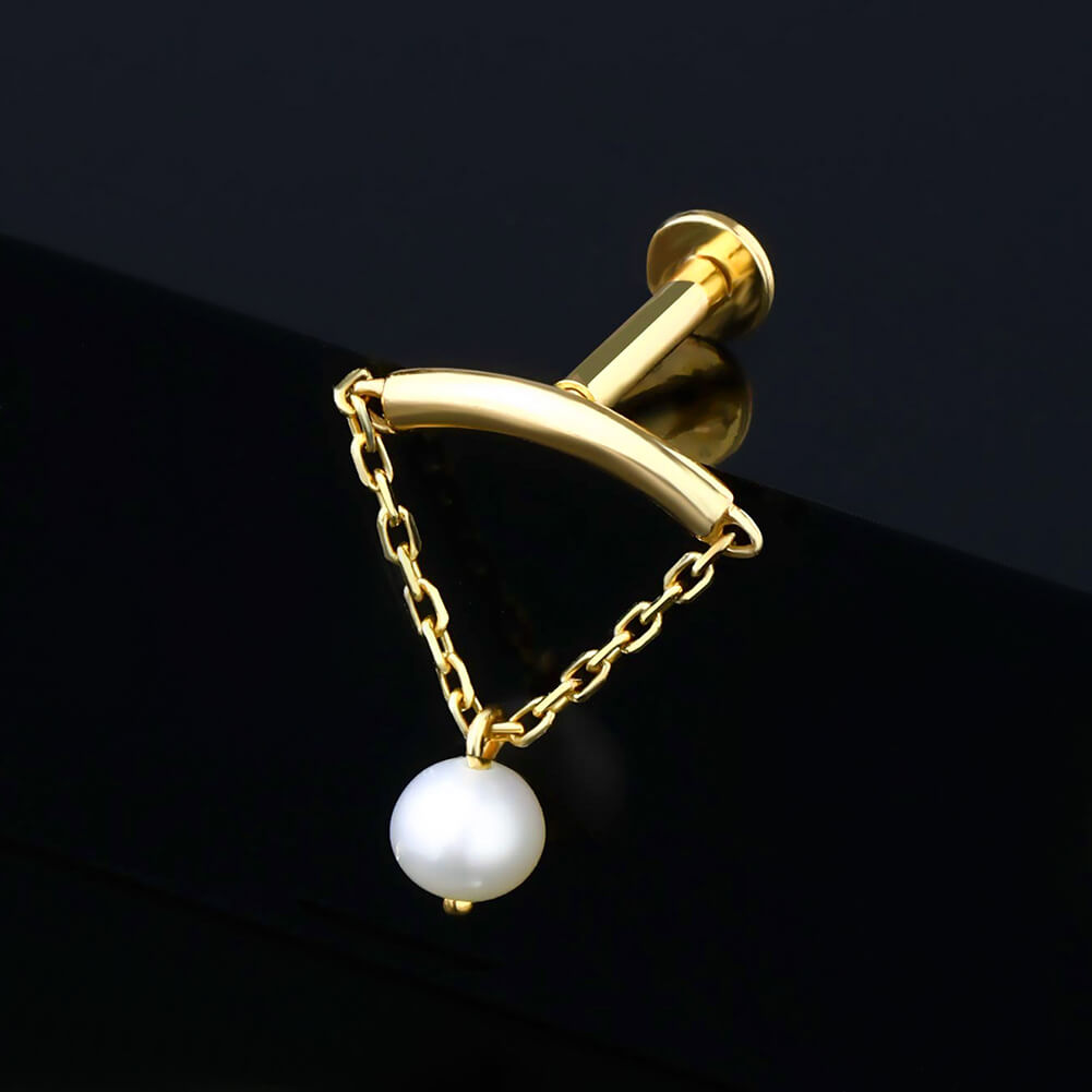 14K Gold Pearl Dangle Chain Internally Threaded Helix Earring